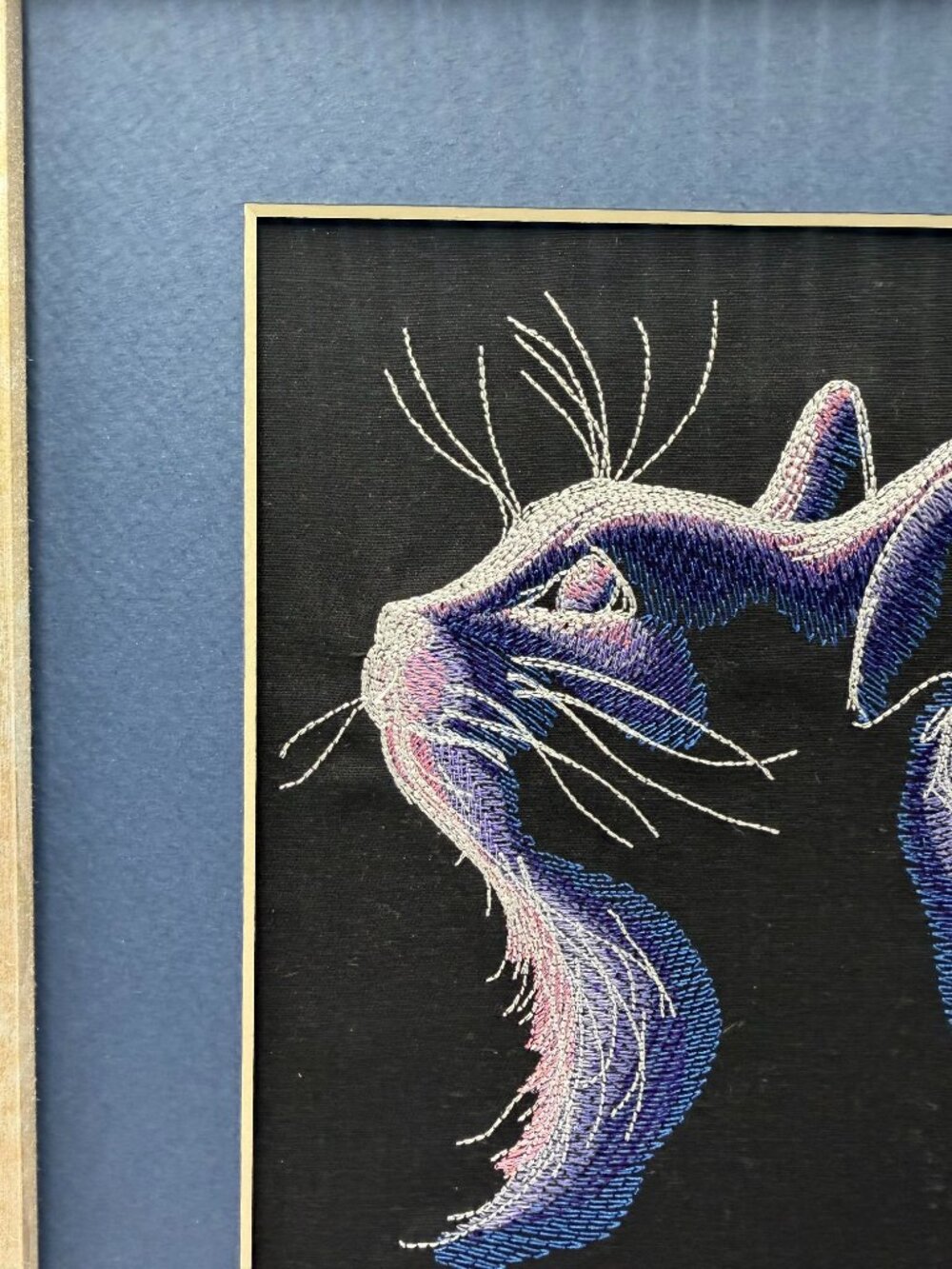 Homemade Midnight Cat Embroidered Framed Art 8X10 - Picture 2 of 6